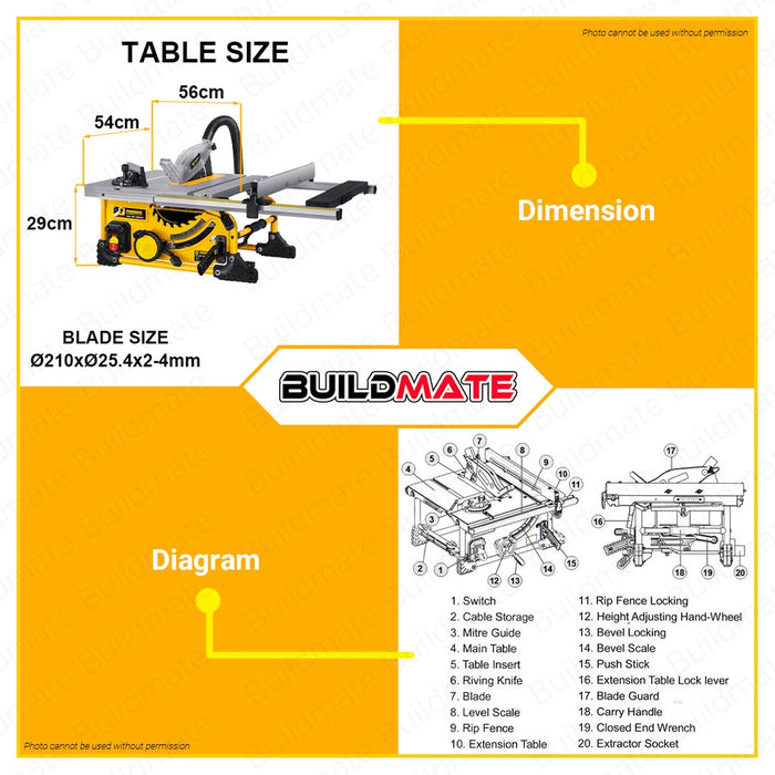 POWERHOUSE USA Table Saw Portable 8 Inches Wood Table Saw 1700W PH-FWTS8-210 | •BUILDMATE• PHPT