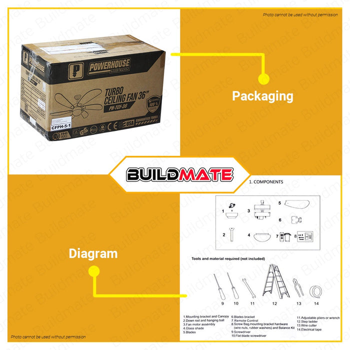 POWERHOUSE Turbo Ceiling Fan AC Motor 36in With Led Bulb & Remote Control Black, White & Wood PHE