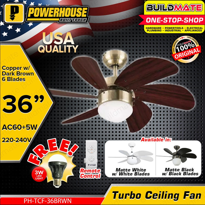 POWERHOUSE Turbo Ceiling Fan AC Motor 36in With Led Bulb & Remote Control Black, White & Wood PHE