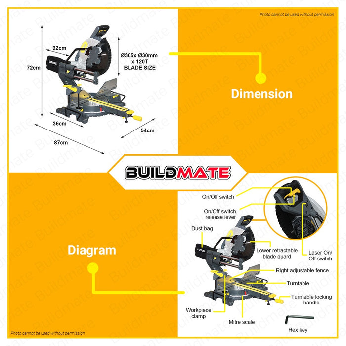 LOTUS Miter Mitre Saw 1800W 12" inches Dual Bevel with Sliding Rail LTCM12CX •BUILDMATE• LPT LUTOS