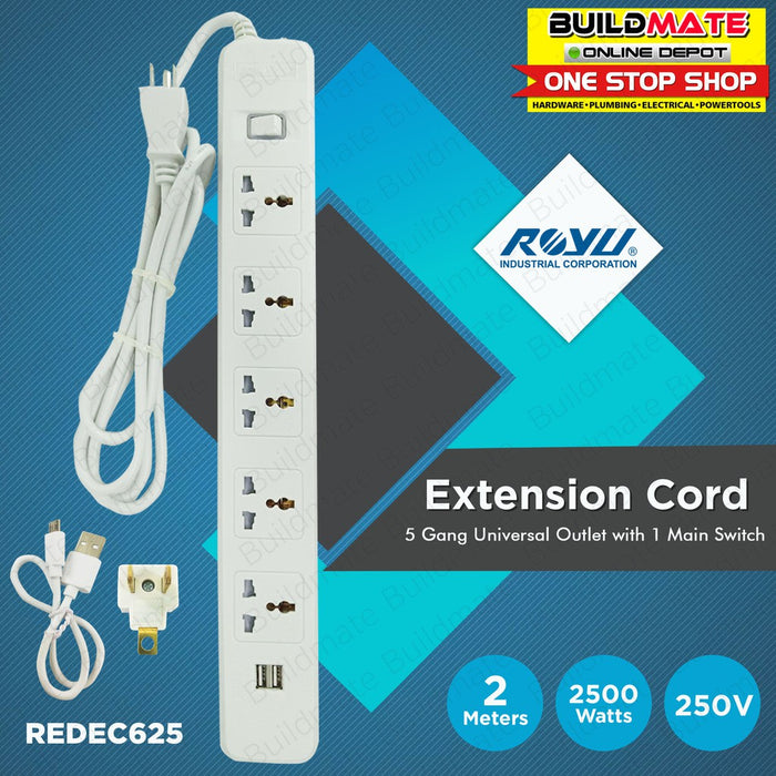 ROYU 5 GANG Extension Cord Universal Socket with 1 Main Switch & 2 USB Port REDEC625 •BUILDMATE•