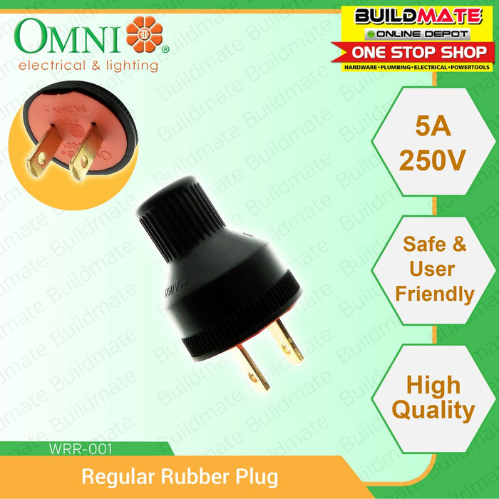 BUILDMATE Omni Regular Rubber Plug Black 5A 250V High Quality 2 Flat Pin Rubberized Electrical Power Plug WRR001