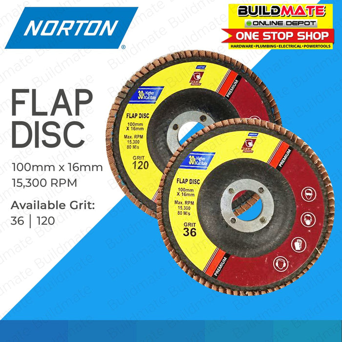 NORTON Abrasive Flap Disc Premium 100mm x 16mm  GRIT #36 | #120 SOLD PER PIECE •BUILDMATE•