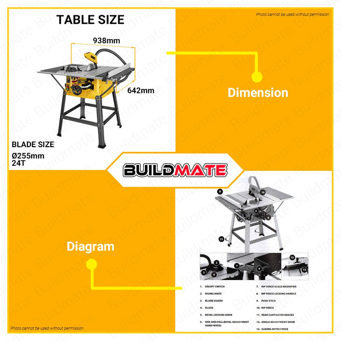 POWERHOUSE USA Table Saw Heavy Duty Wood Table Saw 10 Inches 2200w PH-FWTS1-10-2200 •BUILDMATE• PHPT