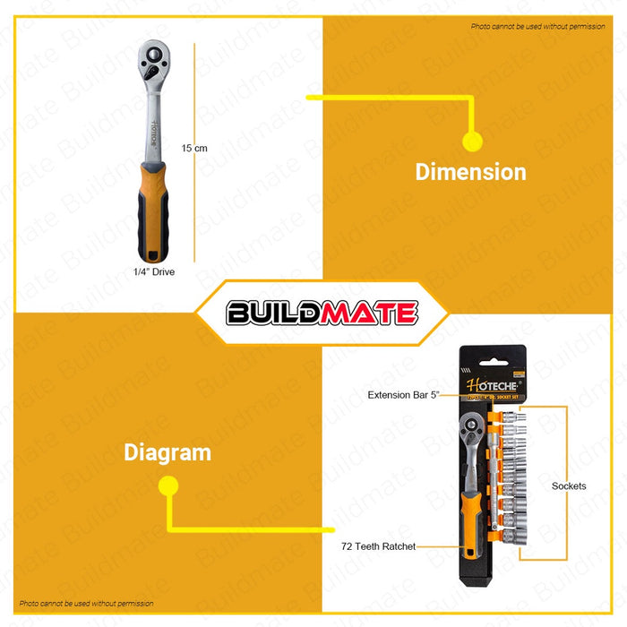 HOTECHE 1/4" 12PPCS/SET Drive Socket Set Tools HTC-201701 | 100% ORIGINAL / AUTHENTIC •BUILDMATE•