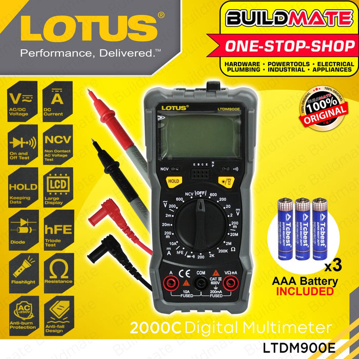 LOTUS Digital Multimeter Tester 2000C With 3pcs AAA Batteries Volt Multimeter LTDM900E •BUILDMATE•