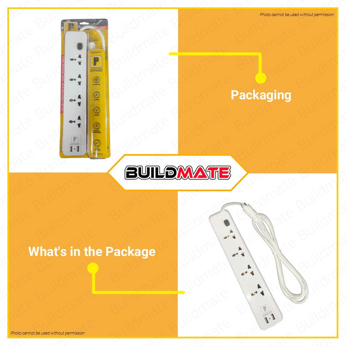 POWERHOUSE USA Extension Cord 1x Switch USB Universal Outlet Socket Surge Protector PHEC-005U PWTA