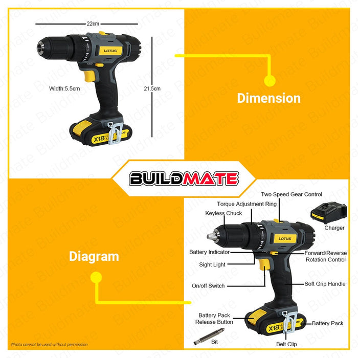 LOTUS X-LINE Cordless Impact Drill 18V LTHD18VLI-2 •BUILDMATE• LCPT LU ...