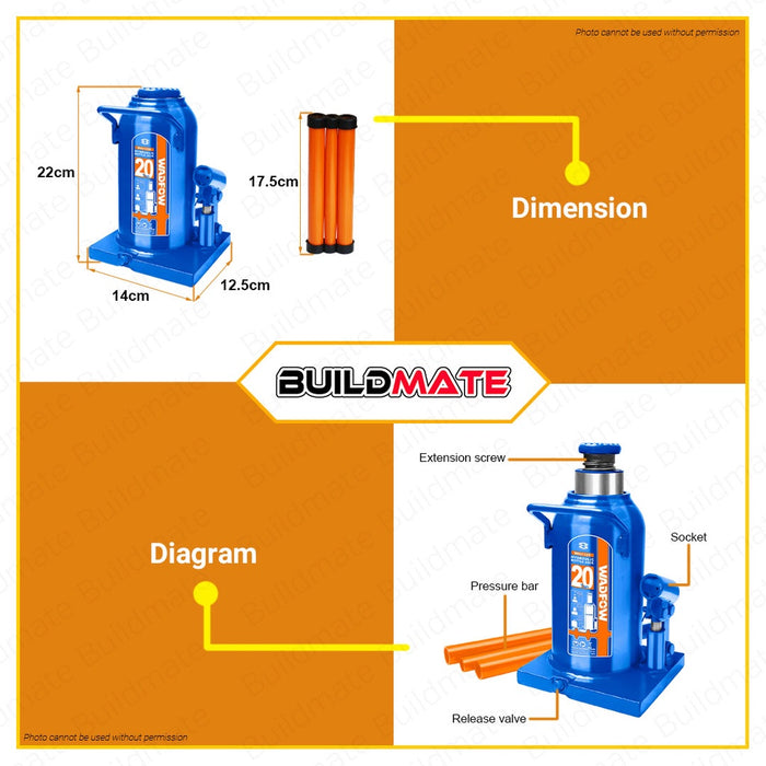 WADFOW 20 TONS Hydraulic Bottle Jack Welded Bottle Jack 20 Ton Easy Lifting WHJ1520 •BUILDMATE• WHT