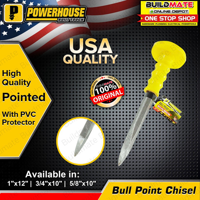 BUILDMATE Powerhouse Bull Point Chisel w/ PVC Protector Pointed 1"x12"|3/4"x10"|5/8"x10"- PHHT