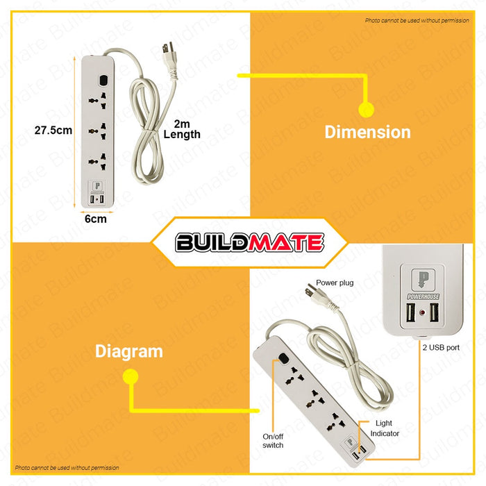 POWERHOUSE Extension Cord Individual Switch USB Universal Outlet Socket PHEC-004U •BUILDMATE• PWTA