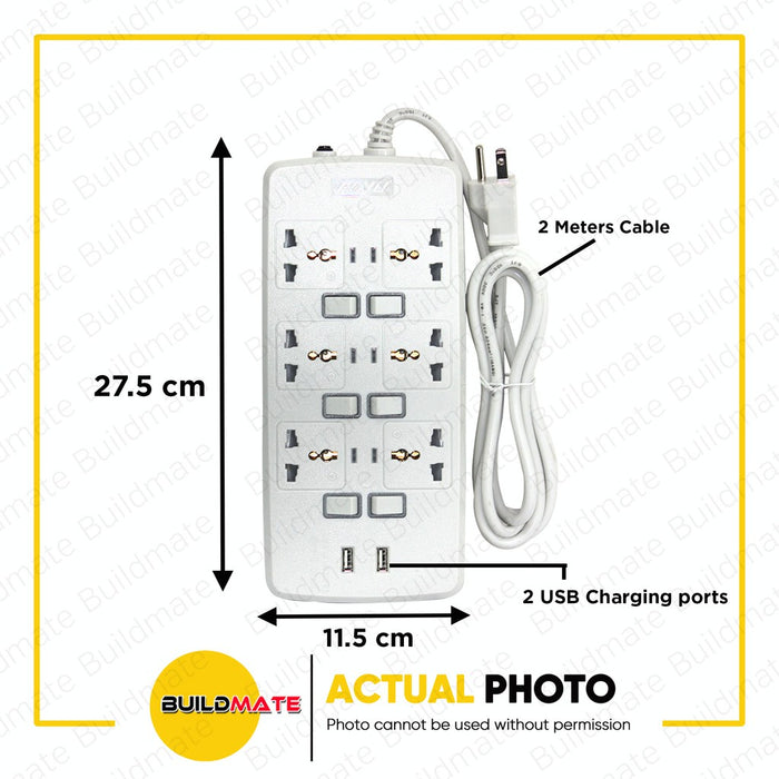 ROYU 6 GANG Universal Extension Socket Outlet with Individual Switch Surge Protector REDEC726