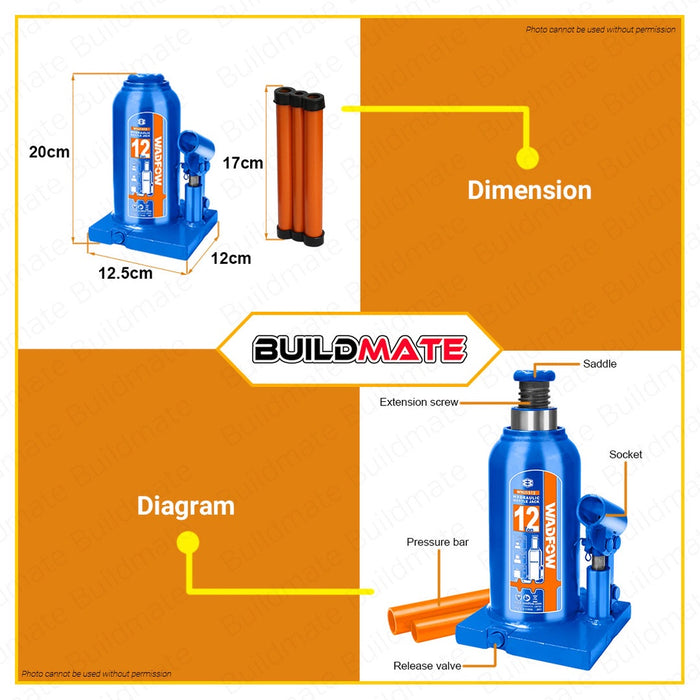 WADFOW 12 TONS Hydraulic Bottle Jack Welded Bottle Jack 12 Ton Easy Lifting WHJ1512 •BUILDMATE• WHT