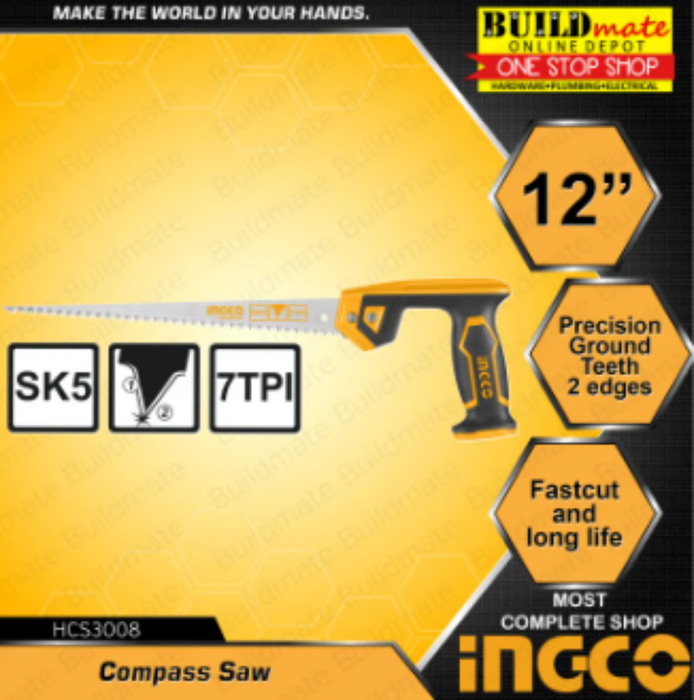 BUILDMATE Ingco Compass Saw 12" 2 Edges Ground Teeth Hand Precision Saw Cutting Tool HCS3008 • IHT