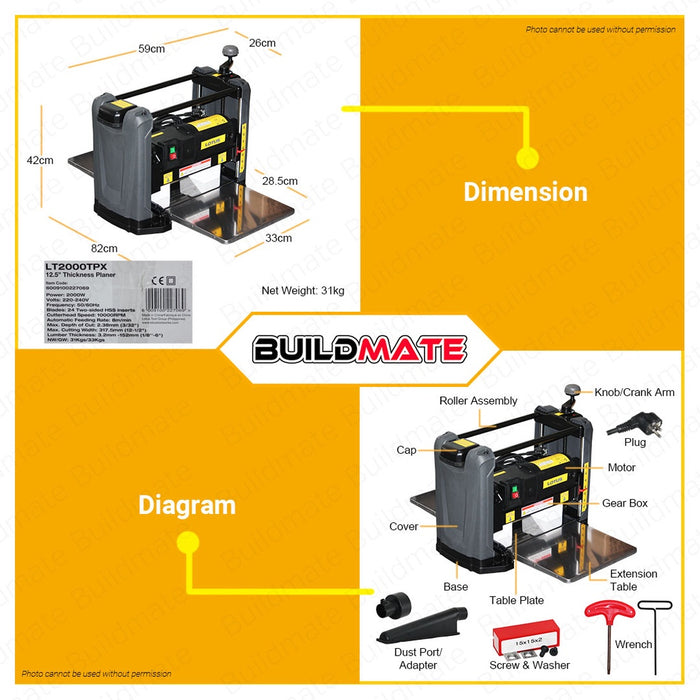 LOTUS 2HP Spiral Blade Thickness Planer 2HP 2KW Helix LT2000TPX •BUILDMATE• LPT