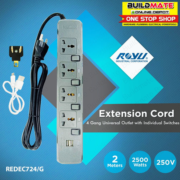 ROYU 4 GANG Extension Cord with Individual Switches REDEC724/G •BUILDMATE•