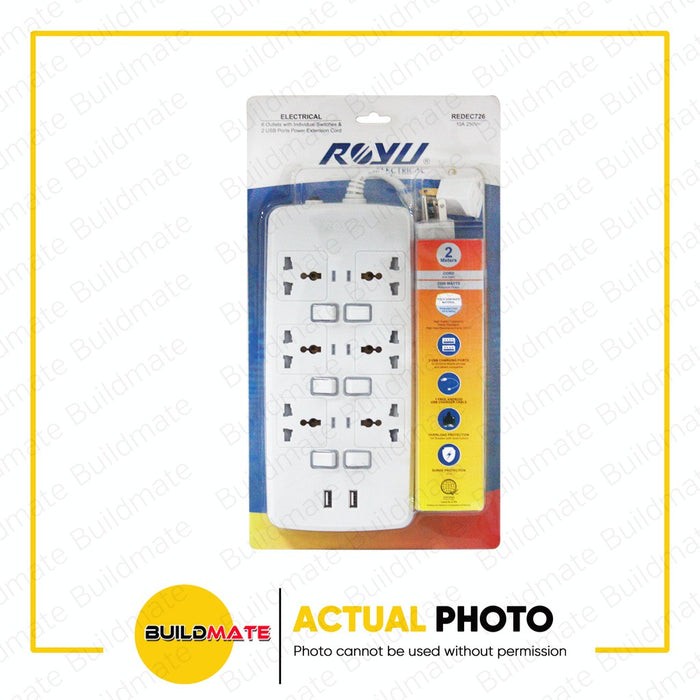 ROYU 6 GANG Universal Extension Socket Outlet with Individual Switch Surge Protector REDEC726