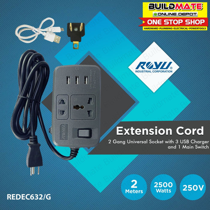 ROYU 2 GANG 3 USB Extension Cord with Switch Power Strip REDEC632/G •BUILDMATE•