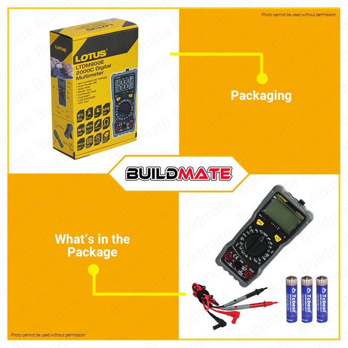 LOTUS Digital Multimeter Tester 2000C With 3pcs AAA Batteries Volt Multimeter LTDM900E •BUILDMATE•