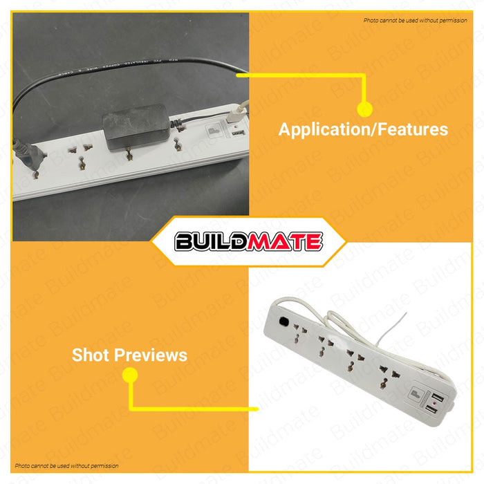 POWERHOUSE USA Extension Cord 1x Switch USB Universal Outlet Socket Surge Protector PHEC-005U PWTA