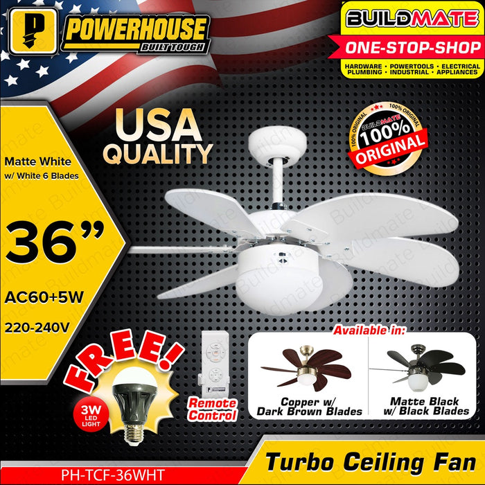 POWERHOUSE Turbo Ceiling Fan AC Motor 36in With Led Bulb & Remote Control Black, White & Wood PHE