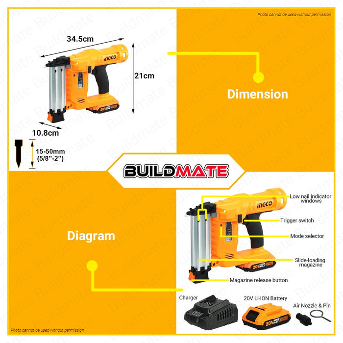 BUILDMATE Ingco Lithium-Ion Cordless 20V Brad Nailer Kit 15mm-50mm Woodworking Pin Nailer Driver Bradder Nailing Tool - ICPT