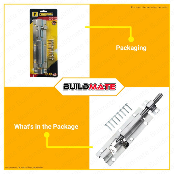 POWERHOUSE Stainless Barrel Bolt with Screw 6" •BUILDMATE• PWTA