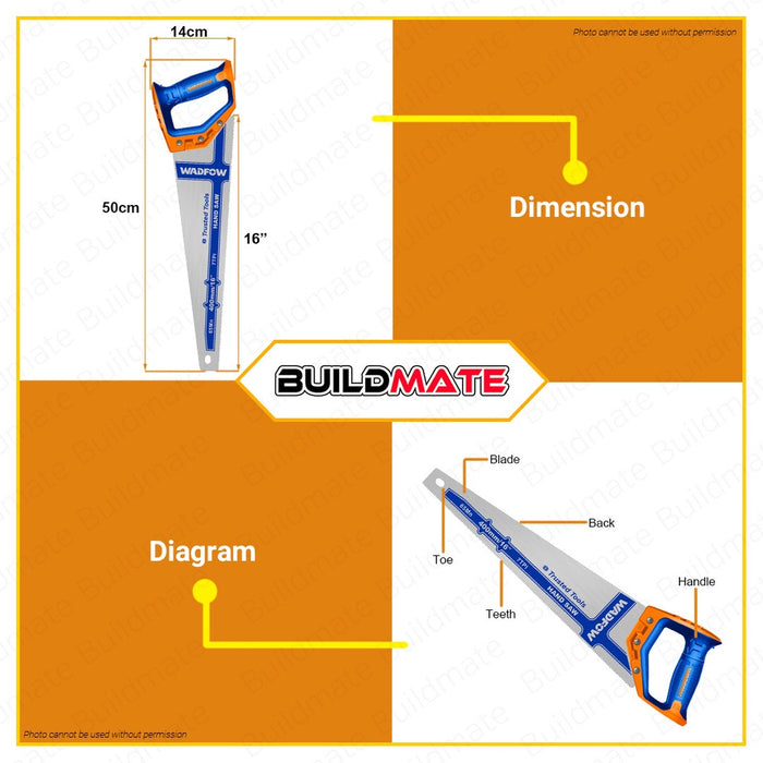 BUILDMATE Wadfow Hand Saw 7TPI 0.9MM 16" 18" 20" 22" 24" Inch with Teeth Protector Cutting Wood Tool WHT