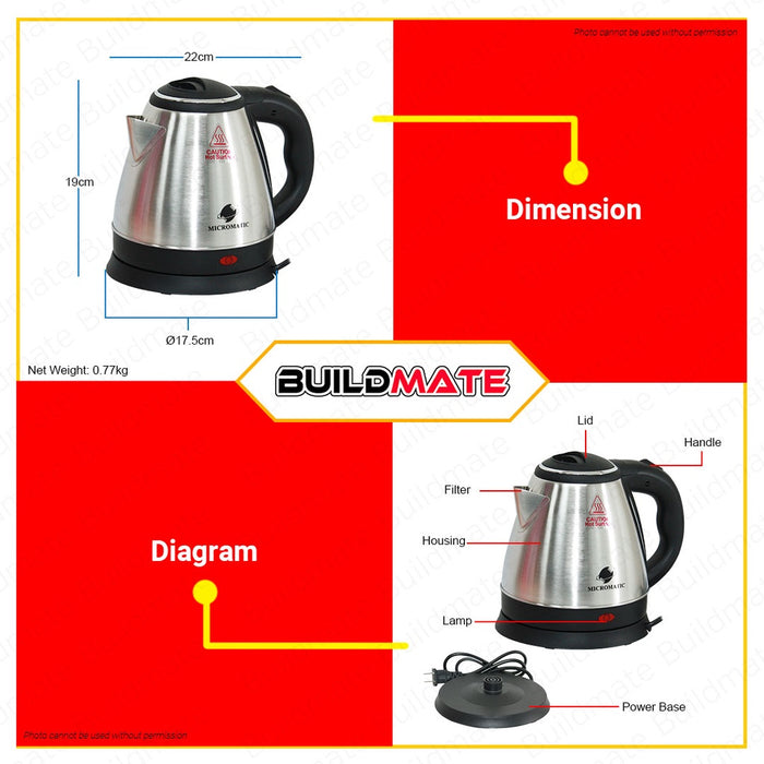 MICROMATIC Cordless Electric Stainless Kettle 1.2L 1100W MCK-1210 •BUILDMATE•