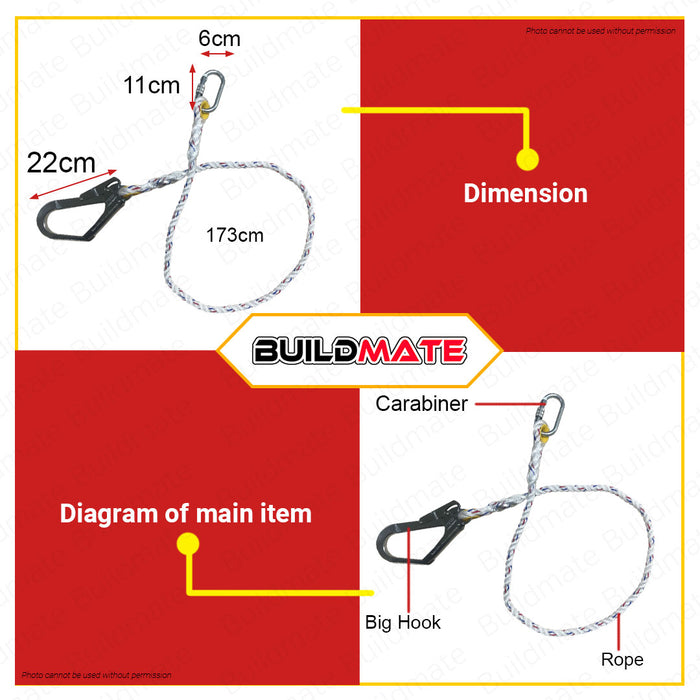 CRESTON Safety Lanyard Rope with Big Hook and Carabiner FE5733 •BUILDMATE•