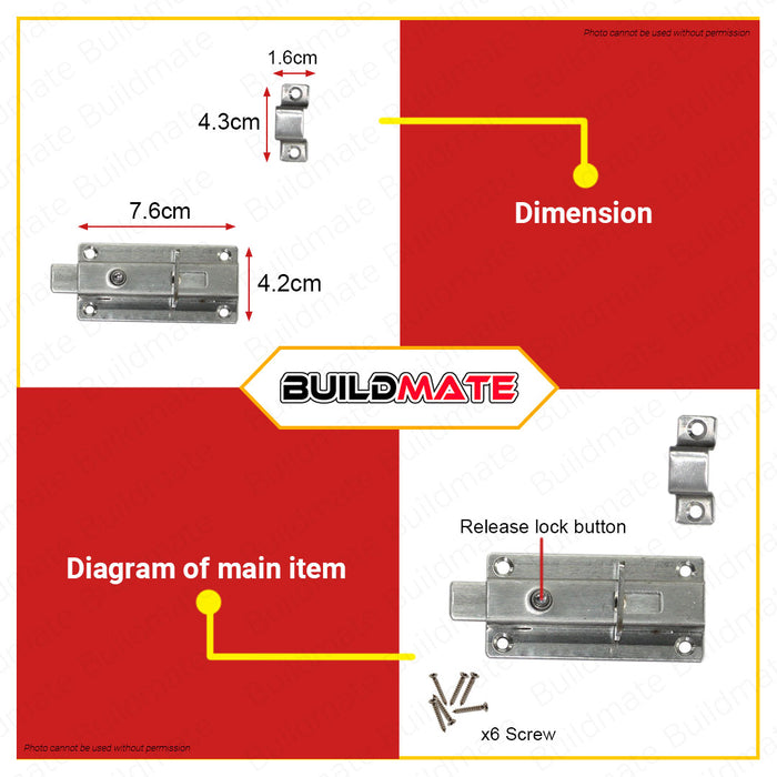 CRESTON 3" Inch Stainless Spring Door Bolt FL-2303 FL2303 •BUILDMATE•