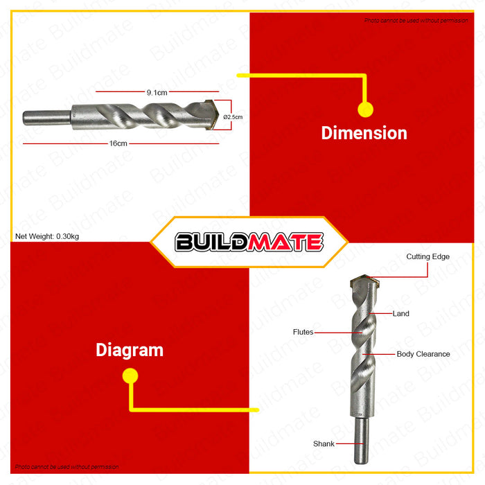 BUILDMATE Creston Masonry Drill Bit 25MM for Rotary Hammer, Concrete, Brick, Stone Hole Drilling Tool SOLD PER PIECE