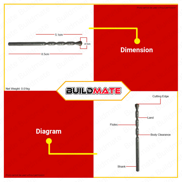 BUILDMATE Creston Masonry Drill Bit 5MM for Rotary Hammer, Concrete, Brick, Stone Hole Drilling Tool SOLD PER PIECE