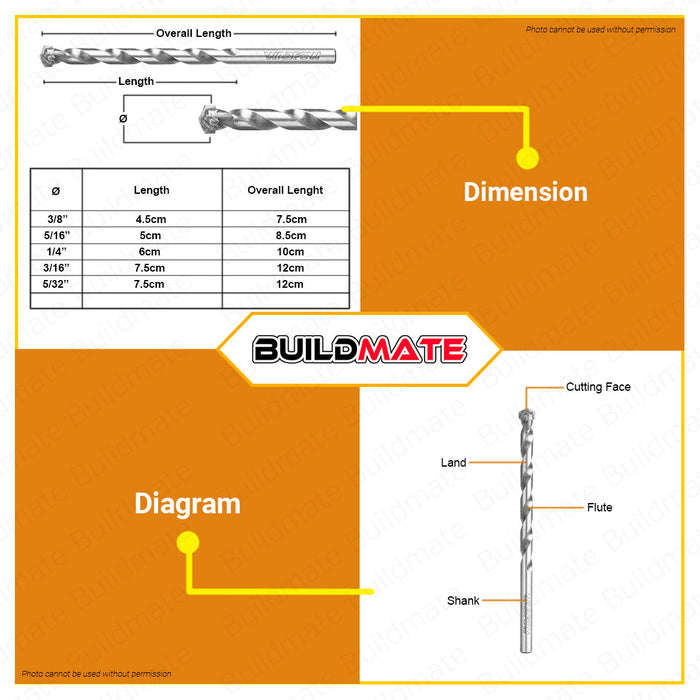 WADFOW 5PCS Masonry Drill Bit Set Concrete Drill Bit Set Twist Carbide Tip UWMJ2K01 •BUILDMATE• WHT