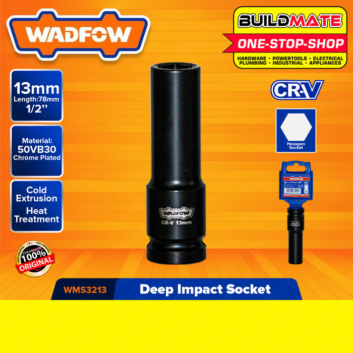 WADFOW 1/2" Inch Deep Impact Socket 10MM to 27MM [SOLD PER PIECE] Impact Socket Wrench Cold Extrusion Drive Impact Sockets Deep Sockets Black Cr-V Steel Metric Deep Impact Wrench Socket Hand Tool •BUILDMATE• WHT