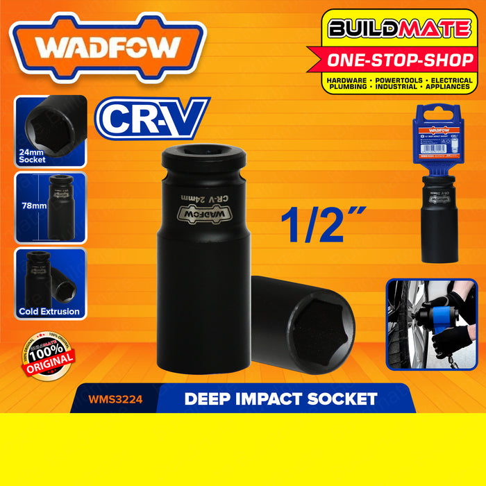 WADFOW 1/2" Inch Deep Impact Socket 10MM to 27MM [SOLD PER PIECE] Impact Socket Wrench Cold Extrusion Drive Impact Sockets Deep Sockets Black Cr-V Steel Metric Deep Impact Wrench Socket Hand Tool •BUILDMATE• WHT