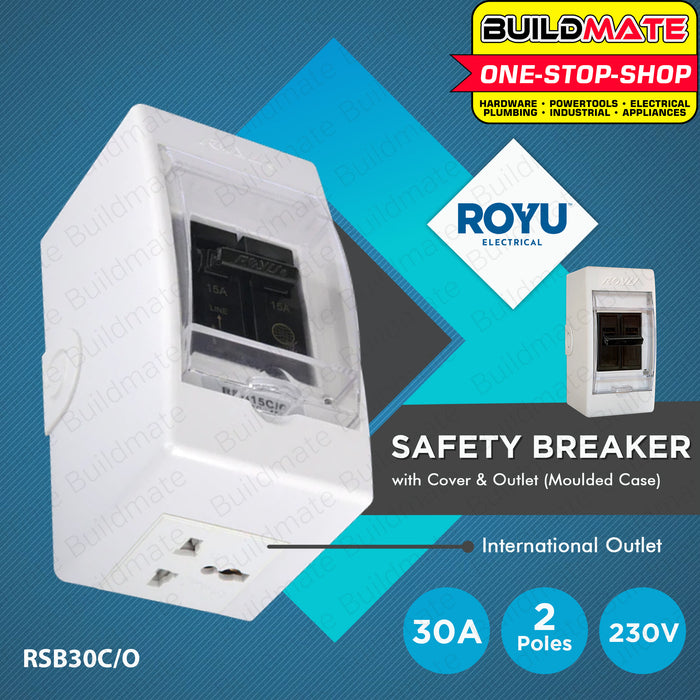 BUILDMATE Royu Safety Breaker with Cover & Outlet 2 Pole 15A | 20A | 30A [SOLD PER PIECE] Electrical Safety Breaker Safety Circuit Breaker Moulded Case Bolt-On Type Electrical Outlet Cover Electrical Circuit Safety International Outlet