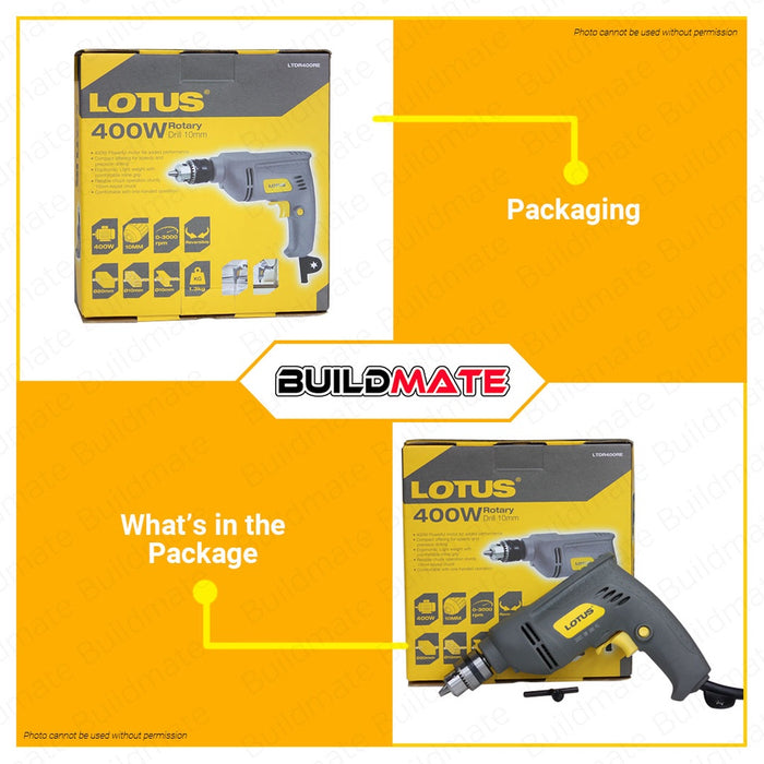 LOTUS Rotary Drill 10mm 400W Soft Grip For Drilling With Free Carbon Brush LTDR400RE •BUILDMATE•