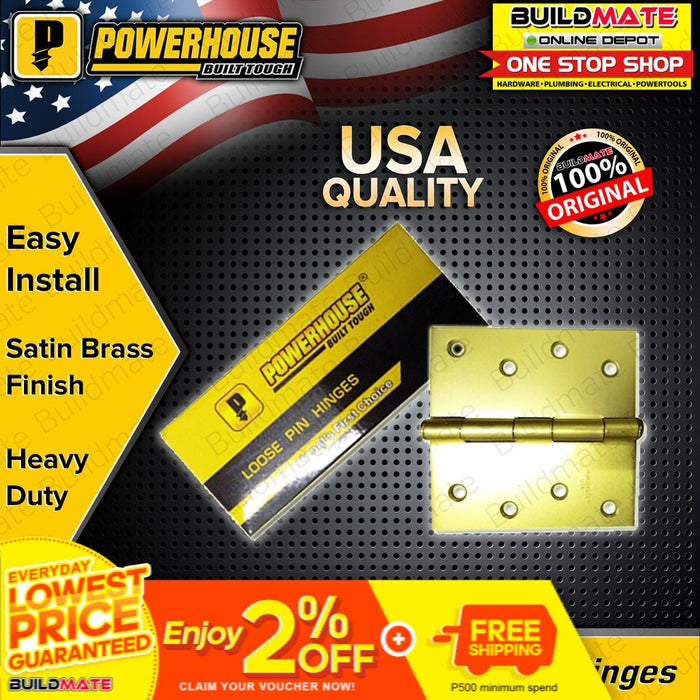 POWERHOUSE USA BRASS Loose Pin Hinges in Box for Door or Cabinet DIY 3" 3-1/2" 4"  •BUILDMATE• PHDH