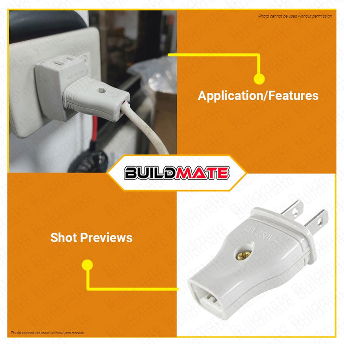 BUILDMATE Omni Regular Plug 10A 250V 2-Prong Household Power Cord AC Outlet Electrical Plug WRP-002