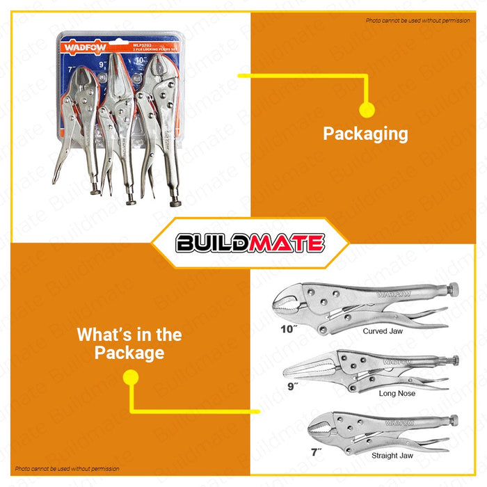 WADFOW 3 PCS Locking Pliers Set Straight Jaw Long Nose Curved Jaw Lock WLP5703 •BUILDMATE• WHT