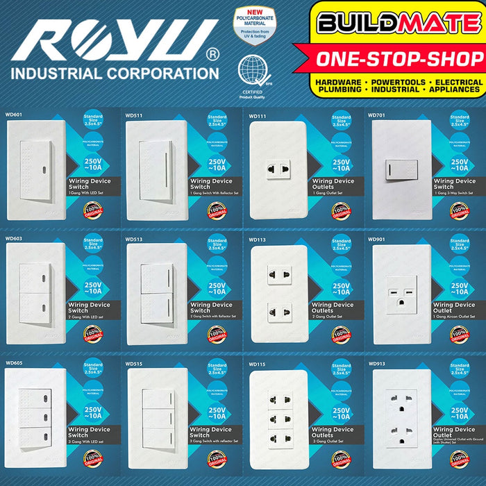 BUILDMATE Royu Wide Series Electrical Power Plate Set 1 2 3 Gang Duplex Universal Tandem Aircon Outlet 3 Way Switch With Reflector / LED SOLD PER PIECE