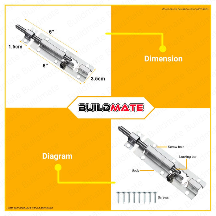 POWERHOUSE Stainless Barrel Bolt with Screw 6" •BUILDMATE• PWTA