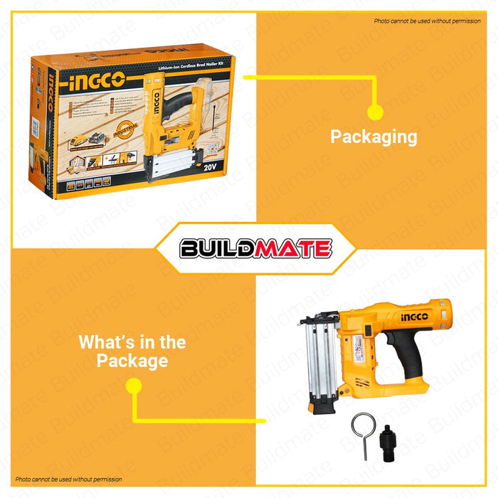 BUILDMATE Ingco Lithium-Ion Cordless 20V Brad Nailer Kit 15mm-50mm Woodworking Pin Nailer Driver Bradder Nailing Tool - ICPT