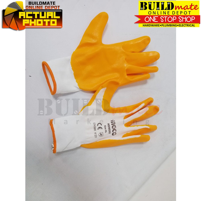 BUILDMATE Ingco Rubber Gloves XL Nitrile Coated Palm Oil-Resistant Safety Hand Gloves IHT