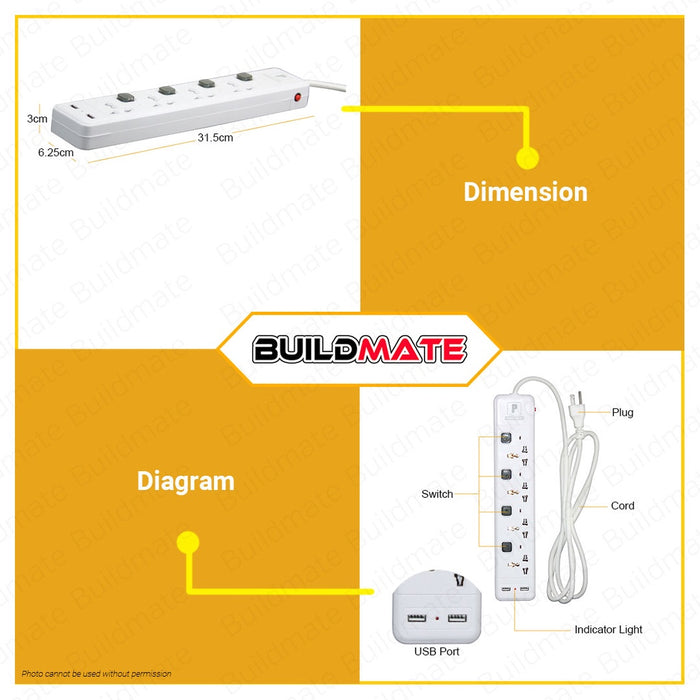 POWERHOUSE Electric Extension Cord Individual Switch Universal Outlet Socket 4gang 2m PHEC-500U PWTA