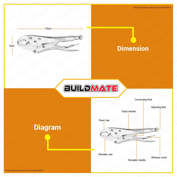 BUILDMATE Wadfow Curved Jaw Locking Plier 7" Inches Nickel Plated Wire Cutter Vice Grip Wrench Pliers Hand Tool WLP1107 - WHT