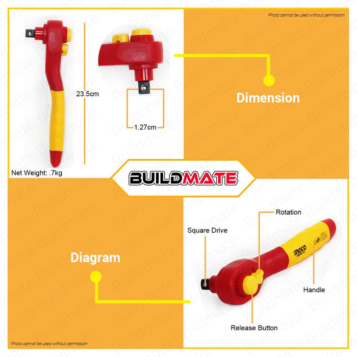 BUILDMATE Ingco 1000V Insulated Ratchet Wrench 1/2" Inch Socket Torque Wrench Ratcheting Hand Tools HIRTH121 - IHT