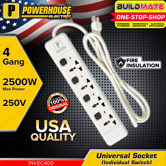 POWERHOUSE USA Extension Cord Individual Switch Universal Outlet Socket Surge Protector PHEC-400