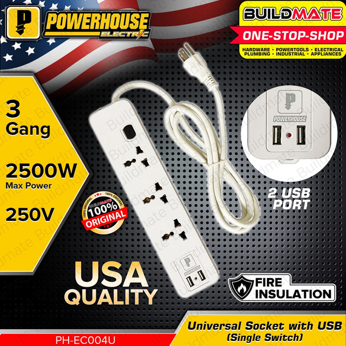 POWERHOUSE Extension Cord Individual Switch USB Universal Outlet Socket PHEC-004U •BUILDMATE• PWTA